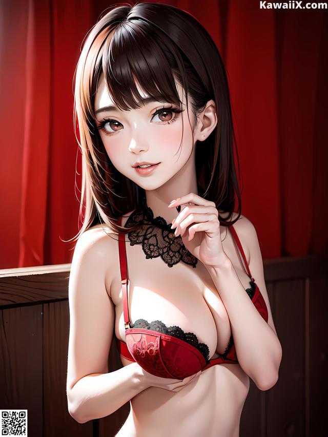 A woman in a red bra and black lingerie posing for the camera.