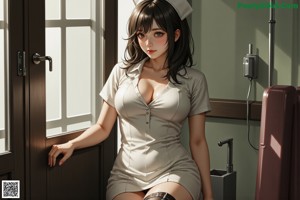 A woman in a nurse outfit sitting on a chair.