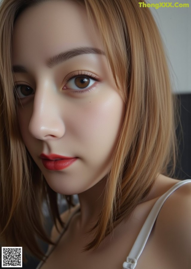 A close up of a woman with long brown hair.