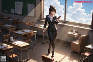 A woman in a brown suit leaning against a window.