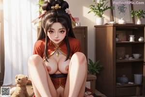 A naked asian woman in a white and red outfit sitting on a bed.