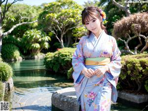 A woman in a blue kimono sitting on a wooden bench.