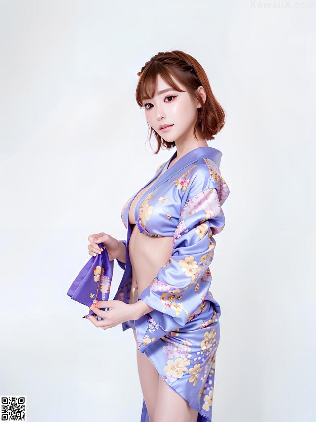 A woman in a blue kimono is posing for a picture.