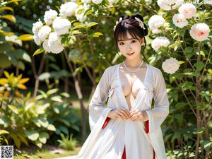 A woman in a blue and pink hanbok is posing for a picture.