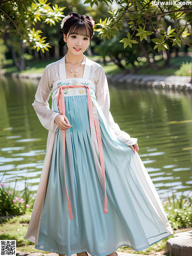 A woman in a blue and pink dress standing by a pond.