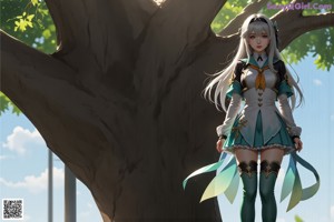 Anime girl with long white hair sitting on the ground.