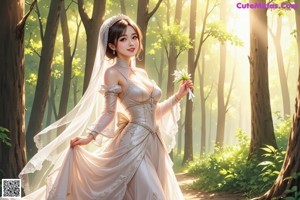 A woman in a wedding dress standing in the woods.