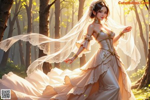 A woman in a wedding dress standing in the woods.