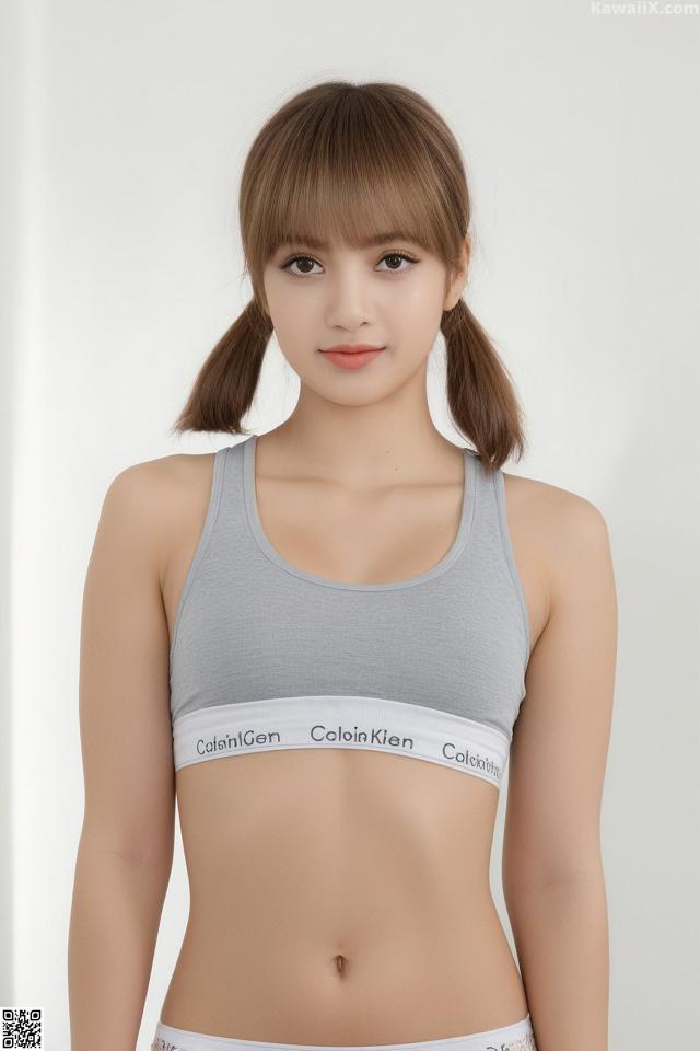 A woman wearing a gray bra top and white panties.