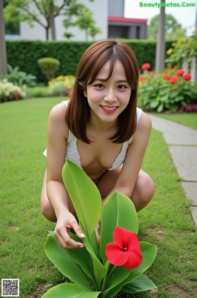 A woman kneeling down next to a red flower.