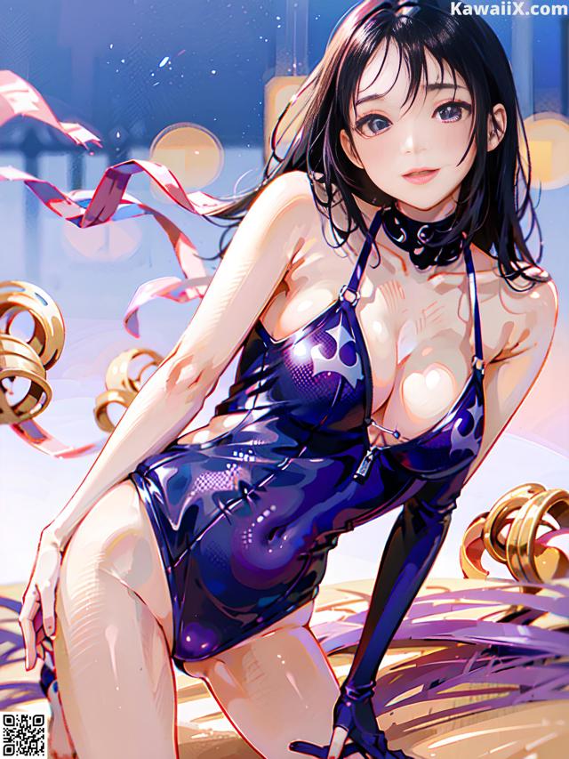 A woman in a blue bathing suit sitting on a bed.