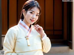 A woman in a pink hanbok is posing for a picture.