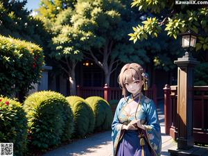 A woman in a kimono standing in front of a building.