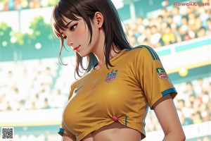 A woman in a soccer uniform standing in front of a stadium.
