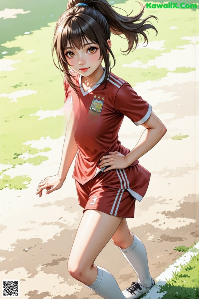 A girl in a soccer uniform is walking on the field.