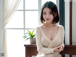 A woman in a beige bra sitting on a couch.