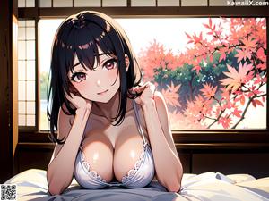 A naked anime girl with long black hair is posing naked on a bed.