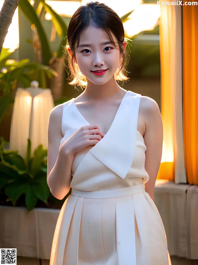 A woman in a white dress posing for a picture.