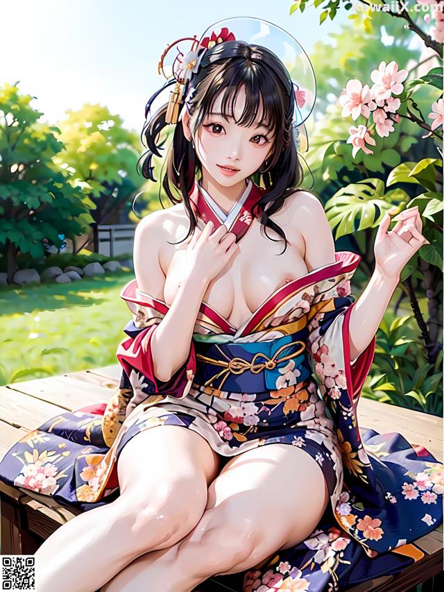 A woman in a kimono sitting on a wooden bench.