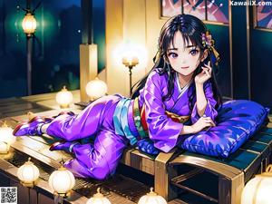 A woman in a blue kimono sitting on a bench holding an umbrella.