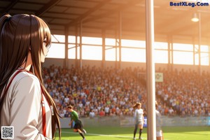 A girl in a soccer uniform leaning on a fence.