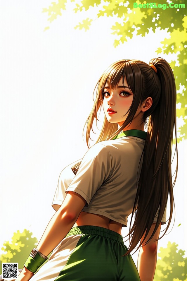 A girl with long hair standing in front of a tree.