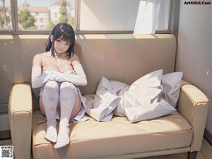 A woman sitting on a window sill next to a window.