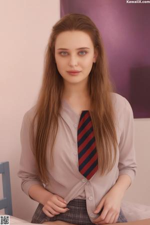 A woman in a red bra and striped shirt posing for a picture.