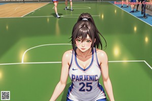 A girl in a blue and yellow uniform holding a basketball.