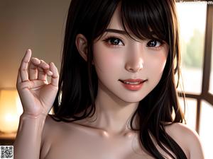 A naked asian woman posing on a wooden deck by the water.
