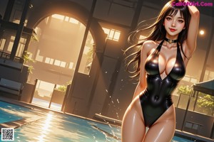 A woman in a bathing suit standing next to a pool.