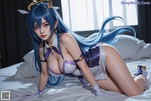 Anime girl with blue hair sitting on a rock.