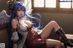 A woman with long blue hair wearing a white and gold outfit.