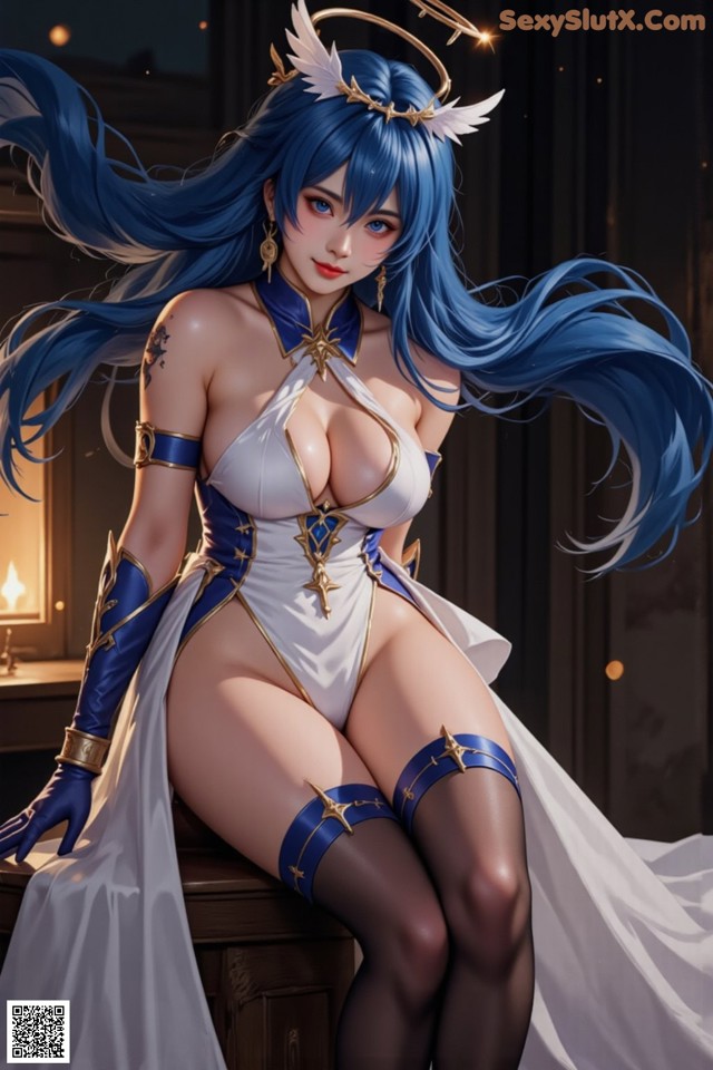 Hentai - Captivating Grace of the Cosmic Maiden Set.2 20250125 Part 3 No.a52a49 A woman in a white and blue outfit sitting on a table.