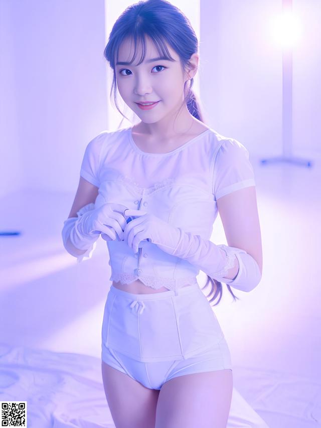 A woman in a white shirt and white gloves posing for a picture.