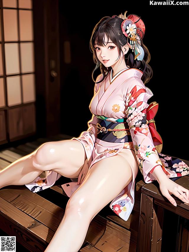 A woman in a kimono sitting on a wooden bench.