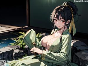 A woman in a yellow kimono sitting on a bed.