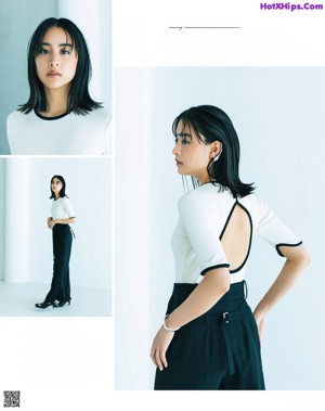 A magazine spread with a woman in a black top and green skirt.