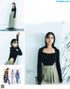 A magazine spread with a woman in a green sweater and white pants.