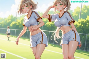 A girl in a green shirt and black shorts standing in a field.