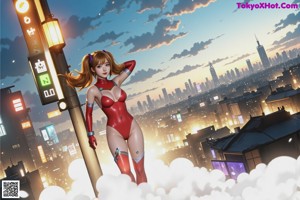 A woman in a red latex outfit standing in the middle of a city.