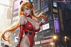 A woman in a red latex outfit standing in the middle of a city.