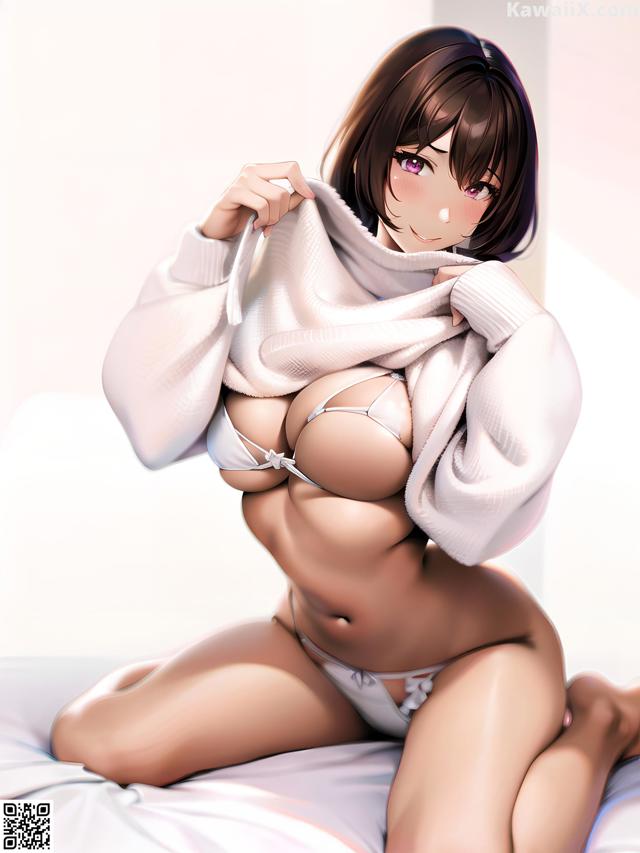 A woman in a white sweater is sitting on a bed.
