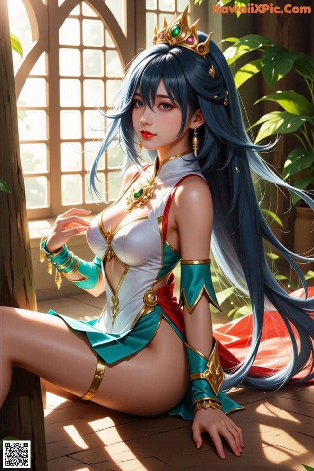 Hentai - Under the Radiance of Celestial Grace Set.1 20250106 Part 17 No.9e0eb1 A woman with long blue hair sitting on a wooden floor.
