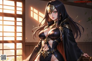 a sexy anime girl in a black bikini and mask posing for the camera