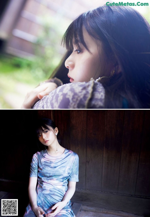 A woman in a blue dress sitting on a wooden bench.