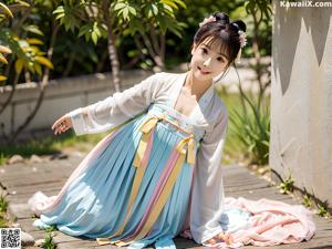 A woman in a pink and blue hanbok sitting on a bed.