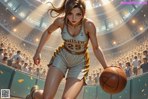 A woman in a red and black uniform playing basketball.