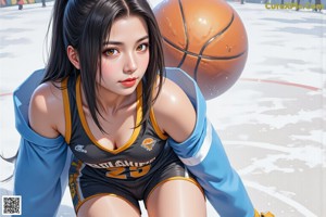 A woman in a blue and white uniform holding a basketball.