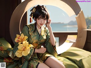 A woman in a kimono sitting on a bed.